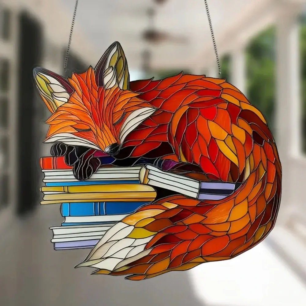 Fox suncatcher - new in package - sleepy bookish fox - stained glass effect - Picture 1 of 5